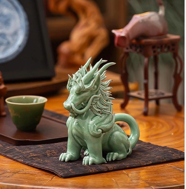 Funny Pixiu Qilin Tea Pet Jingdezhen Ceramic, Quirky Feng Shui Decor, Cute Kylin Tea Companion, Good Luck Wealth Wealth Charm Office Gift