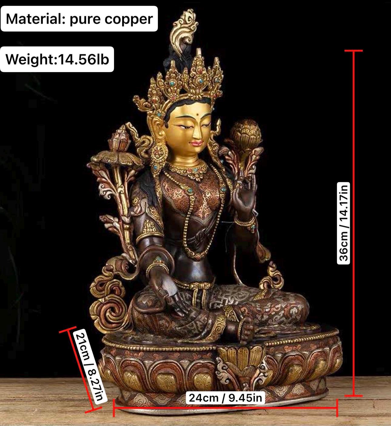 14 Inch Green Tara Statue, Nepalese Handmade Copper Gilt Silver Tara, Tibetan Buddhist Goddess, Feng Shui Altar Decor, Healing Mother Buddha