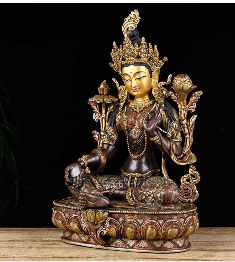 14 Inch Green Tara Statue, Nepalese Handmade Copper Gilt Silver Tara, Tibetan Buddhist Goddess, Feng Shui Altar Decor, Healing Mother Buddha