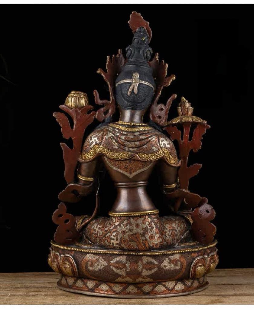 14 Inch Green Tara Statue, Nepalese Handmade Copper Gilt Silver Tara, Tibetan Buddhist Goddess, Feng Shui Altar Decor, Healing Mother Buddha