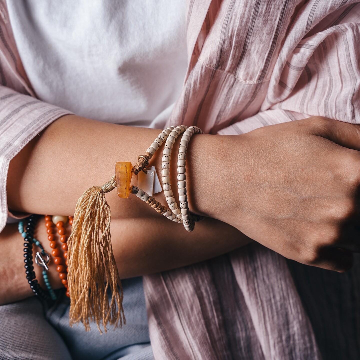 Tibetan 108 Star Moon Bodhi Seed Mala Original White Space Design Buddhist Prayer Beads Meditation Wrap Bracelet for Women