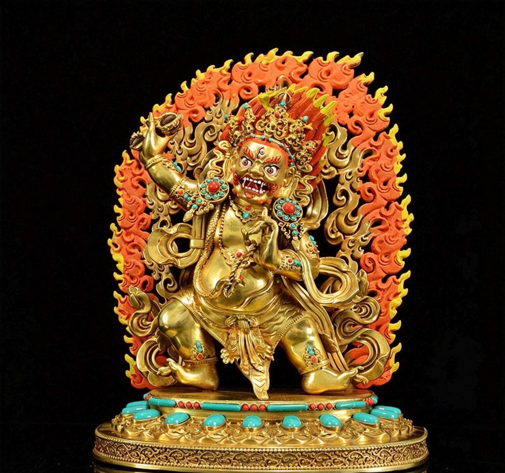 Gilt Brass Vajrapani Statue Wrathful Tibetan Buddhist Deity Mahabala Home Altar Decor Turquoise Inlaid Protection Guardian Bodhisattva
