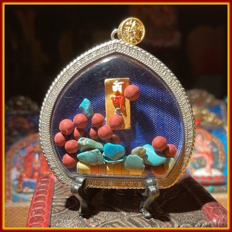 Tibetan Padmasambhava Thangka Ghau Box Necklace Hand-Painted Mineral Pigment Tsa Tsa Amulet Pendant Protective Buddhist Talisman