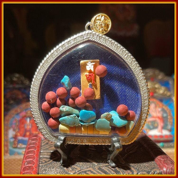 Tibetan Padmasambhava Thangka Ghau Box Necklace Hand-Painted Mineral Pigment Tsa Tsa Amulet Pendant Protective Buddhist Talisman