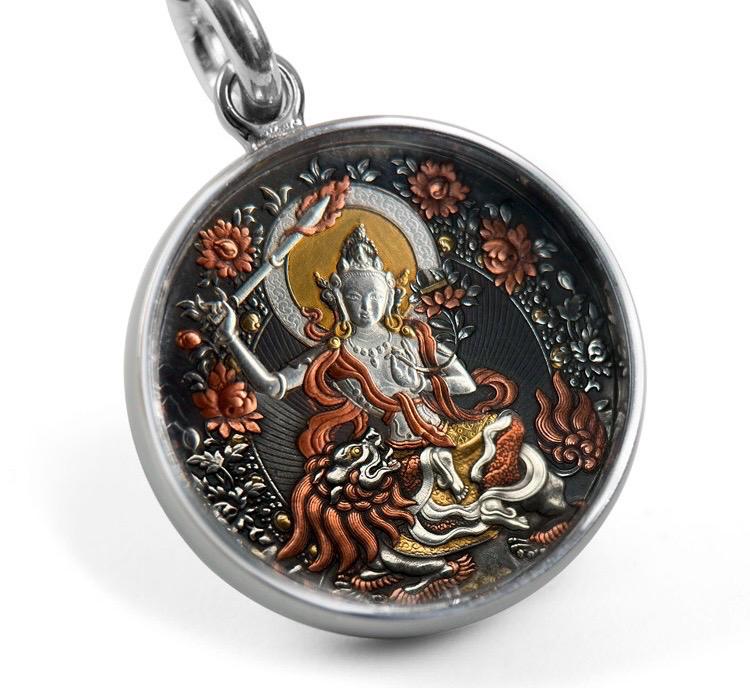 Meteoric Iron Manjushri Thangka Pendant, Intricate Iron Gilt Gold Damascene Necklace, Tibetan Buddhist Heritage Art, Wisdom Amulet Talisman