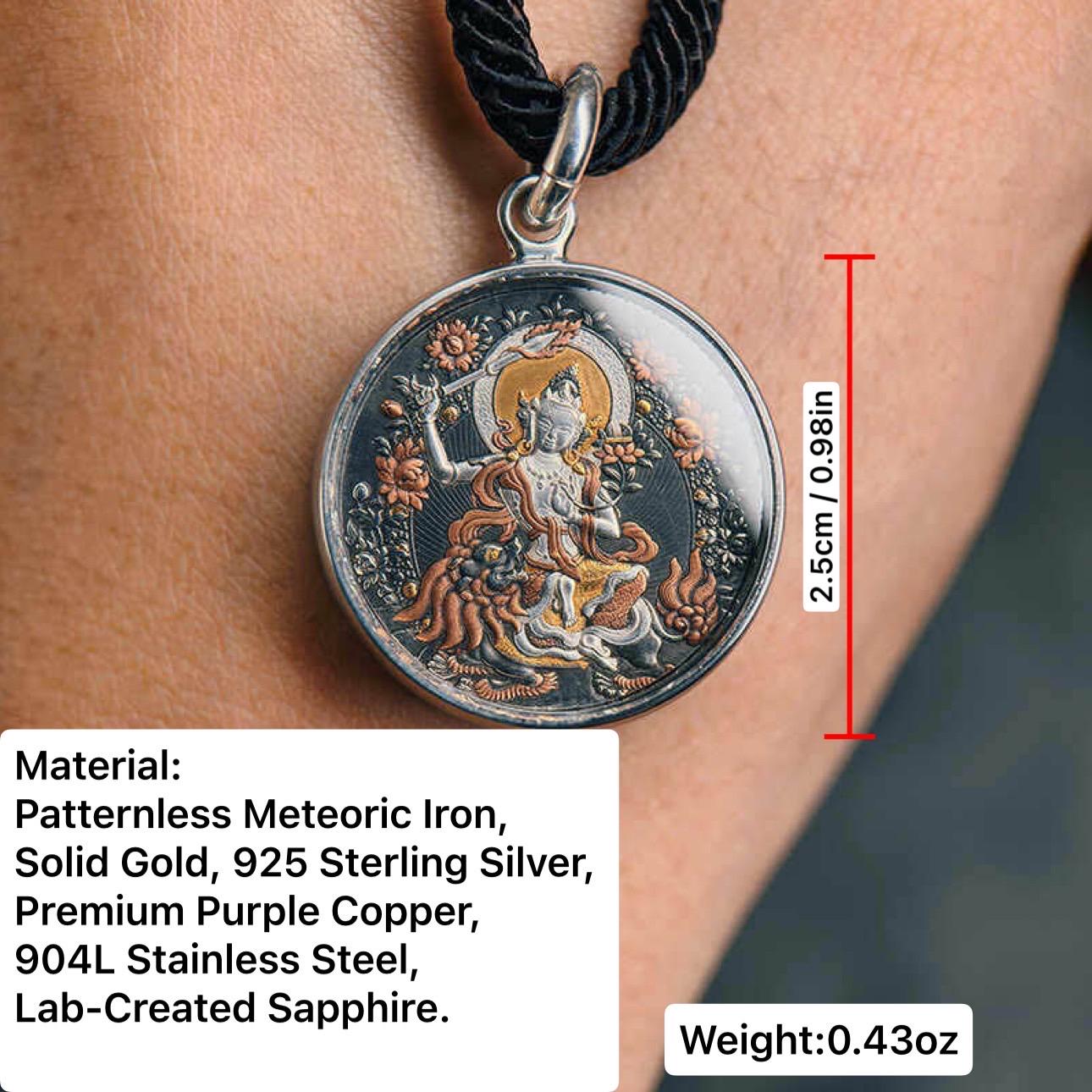 Meteoric Iron Manjushri Thangka Pendant, Intricate Iron Gilt Gold Damascene Necklace, Tibetan Buddhist Heritage Art, Wisdom Amulet Talisman