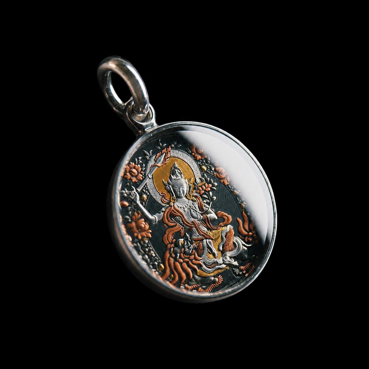 Meteoric Iron Manjushri Thangka Pendant, Intricate Iron Gilt Gold Damascene Necklace, Tibetan Buddhist Heritage Art, Wisdom Amulet Talisman