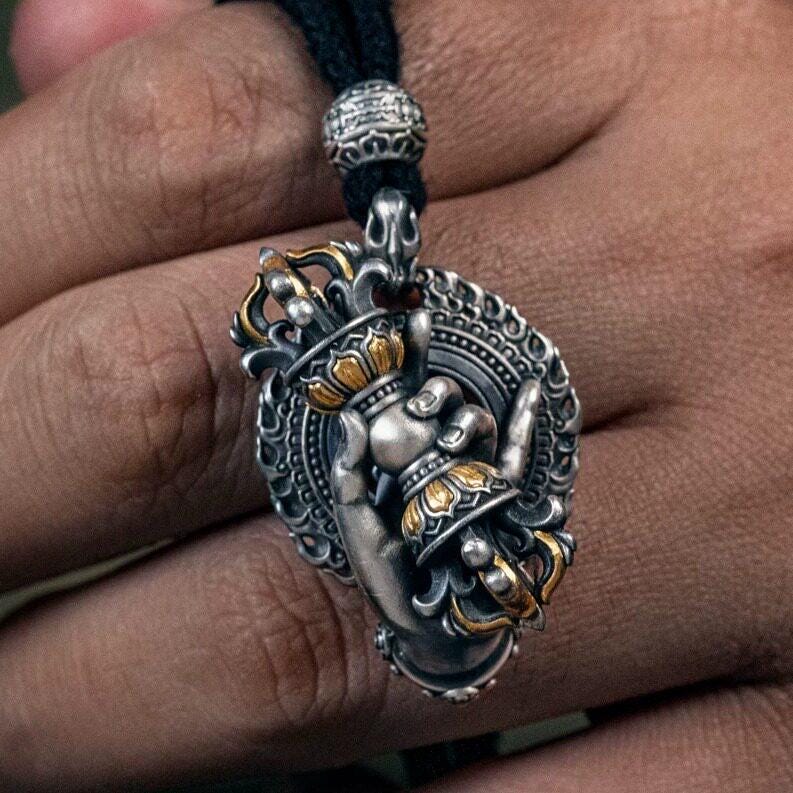 Vajrapani Vajra Pendant 925 Sterling Silver Handcrafted Gold Accent Buddhist Amulet Talisman Tibetan Dorje Protection Necklace Gift Men