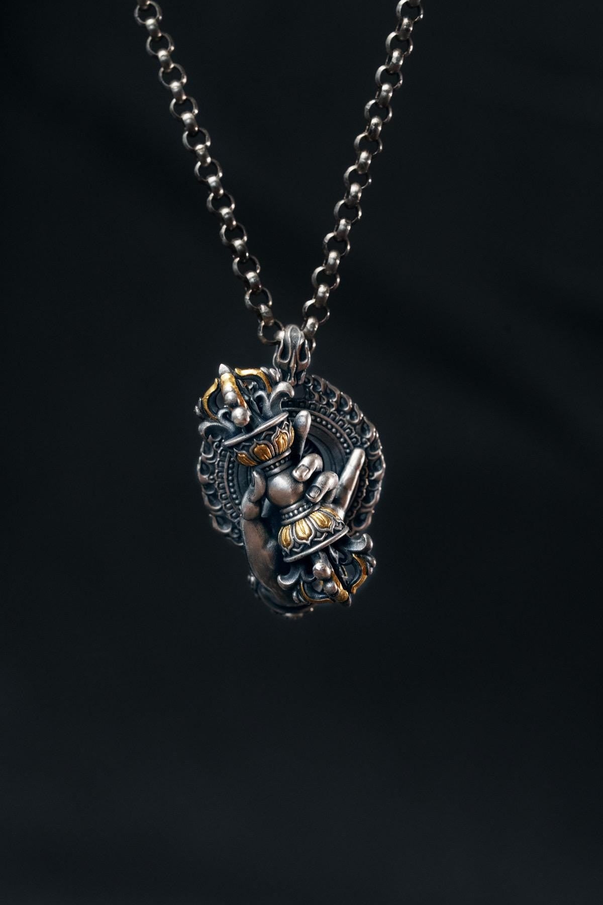Vajrapani Vajra Pendant 925 Sterling Silver Handcrafted Gold Accent Buddhist Amulet Talisman Tibetan Dorje Protection Necklace Gift Men
