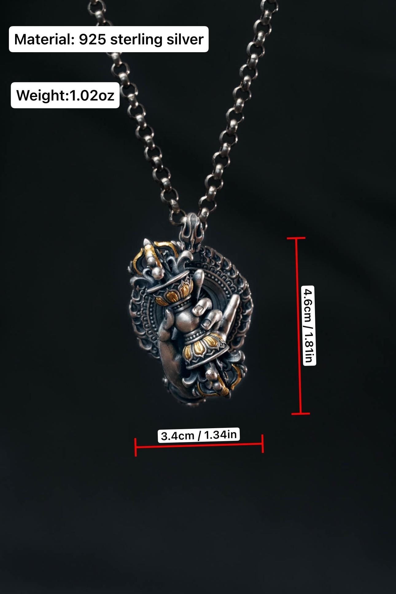 Vajrapani Vajra Pendant 925 Sterling Silver Handcrafted Gold Accent Buddhist Amulet Talisman Tibetan Dorje Protection Necklace Gift Men