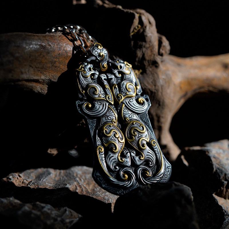 Original Silver Chihu Tiger Pendant, Chinese Mythical Dragon Tag Necklace for Men, Vintage 925 Sterling Silver Amulet, Eastern Totem Jewelry