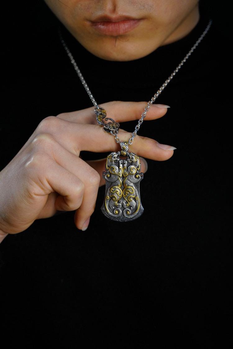 Original Silver Chihu Tiger Pendant, Chinese Mythical Dragon Tag Necklace for Men, Vintage 925 Sterling Silver Amulet, Eastern Totem Jewelry