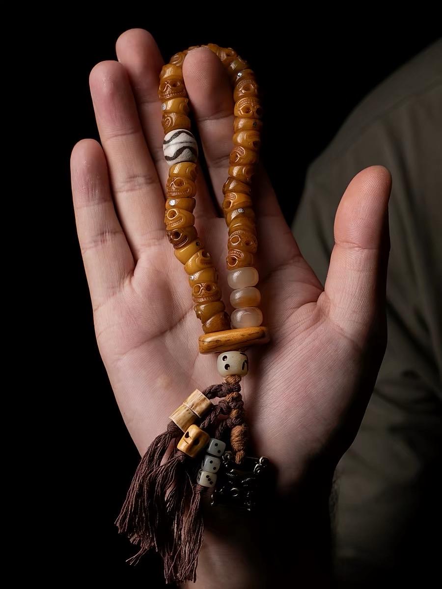 EverestArtStudios Tibetan Yak Bone Bracelet with Tassel, Skull Bone Mala Bracelet, Charnel Ground Inspired Buddhist Wrist Mala