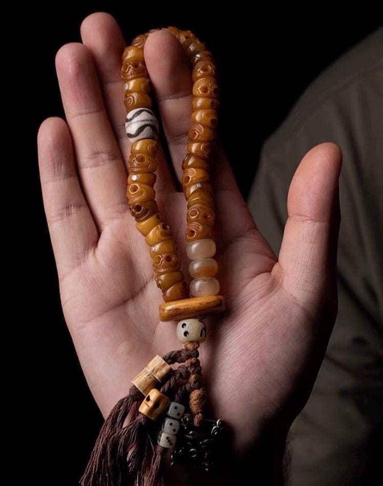 EverestArtStudios Tibetan Yak Bone Bracelet with Tassel, Skull Bone Mala Bracelet, Charnel Ground Inspired Buddhist Wrist Mala