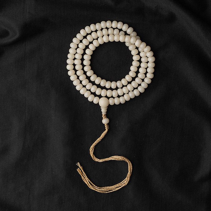 7x9mm White Jade Bodhi Root 108 Mala Beads, Apple Round Bodhi Seed Necklace, Tibetan Buddhist Prayer Beads, Quiet Luxury Layered Bracelet