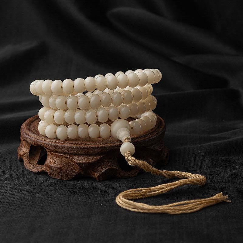 7x9mm White Jade Bodhi Root 108 Mala Beads, Apple Round Bodhi Seed Necklace, Tibetan Buddhist Prayer Beads, Quiet Luxury Layered Bracelet