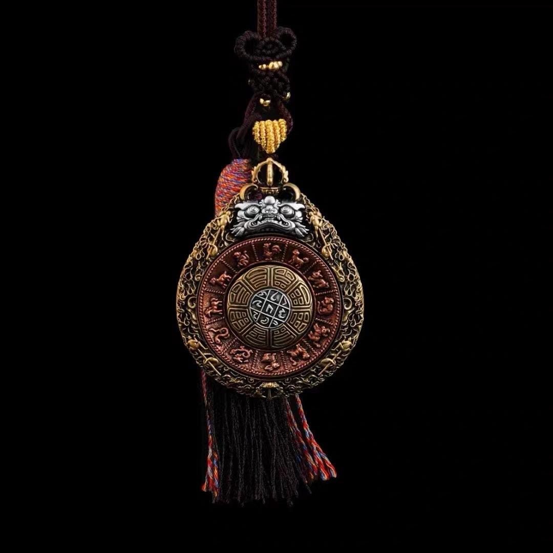 EverestArtStudios Tibetan Nine Palaces Eight Trigrams Brass Hanging Amulet | Bagua Protection Charm | Car Rearview Mirror Ornament