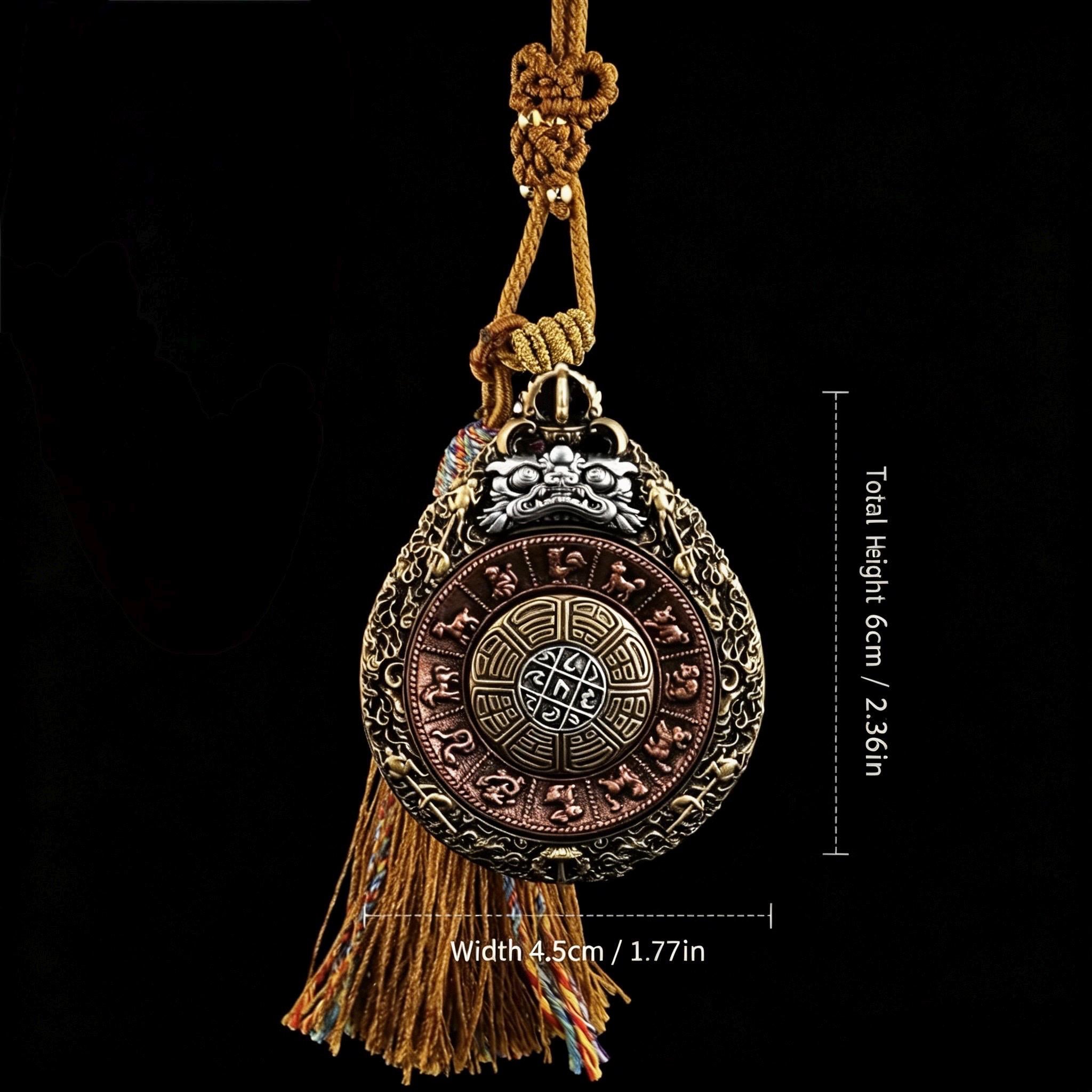 EverestArtStudios Tibetan Nine Palaces Eight Trigrams Brass Hanging Amulet | Bagua Protection Charm | Car Rearview Mirror Ornament