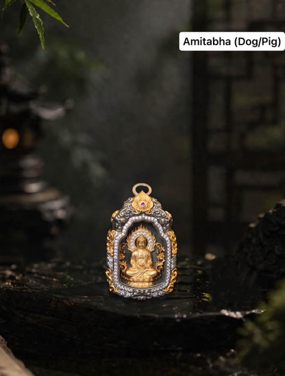 Buddhist Zodiac Guardian Amulet Necklace 24K Gold Over Sterling Silver Tibetan Protection Talisman Shurangama Mantra Gau Box Spiritual Gift