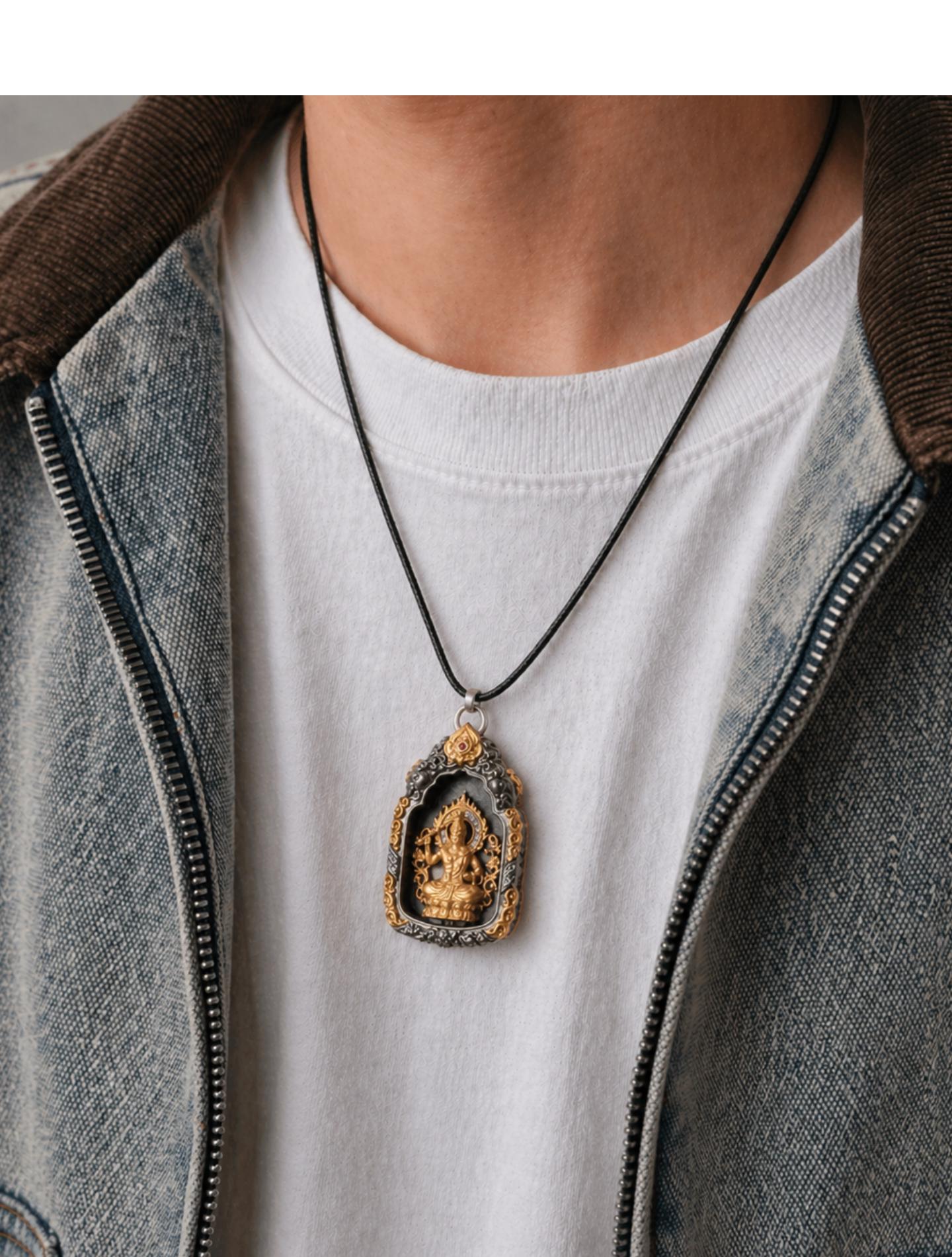 Buddhist Zodiac Guardian Amulet Necklace 24K Gold Over Sterling Silver Tibetan Protection Talisman Shurangama Mantra Gau Box Spiritual Gift