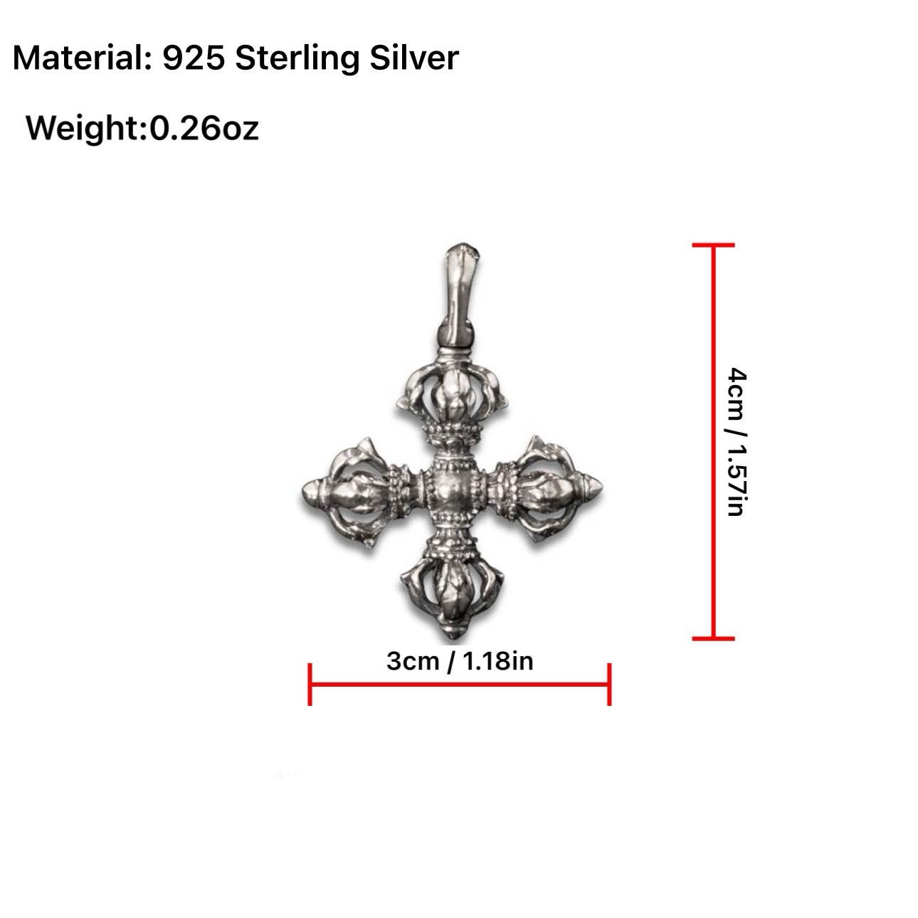 Vintage 925 Silver Vajra Cross Pendant, Retro Oxidized Dorje Necklace for Men Women, Buddhist Phurba Charm, Punk Gothic Streetwear Jewelry