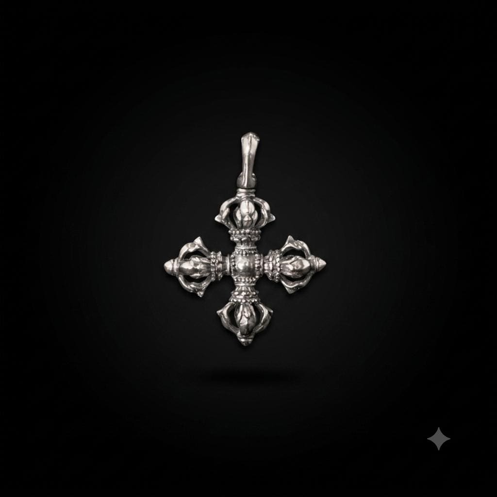 Vintage 925 Silver Vajra Cross Pendant, Retro Oxidized Dorje Necklace for Men Women, Buddhist Phurba Charm, Punk Gothic Streetwear Jewelry