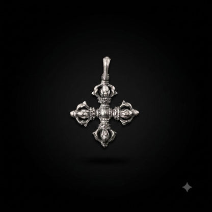 Vintage 925 Silver Vajra Cross Pendant, Retro Oxidized Dorje Necklace for Men Women, Buddhist Phurba Charm, Punk Gothic Streetwear Jewelry