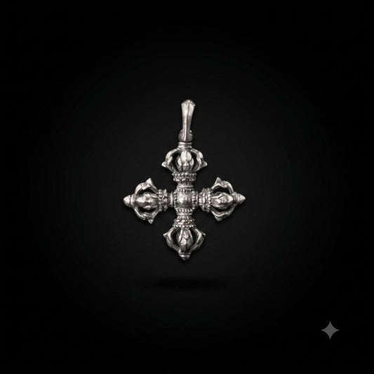Vintage 925 Silver Vajra Cross Pendant, Retro Oxidized Dorje Necklace for Men Women, Buddhist Phurba Charm, Punk Gothic Streetwear Jewelry