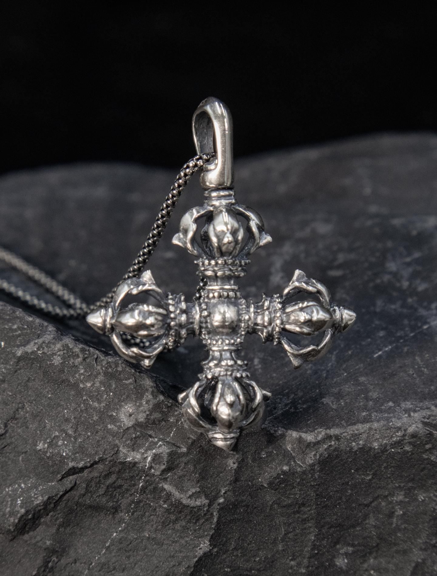 Vintage 925 Silver Vajra Cross Pendant, Retro Oxidized Dorje Necklace for Men Women, Buddhist Phurba Charm, Punk Gothic Streetwear Jewelry