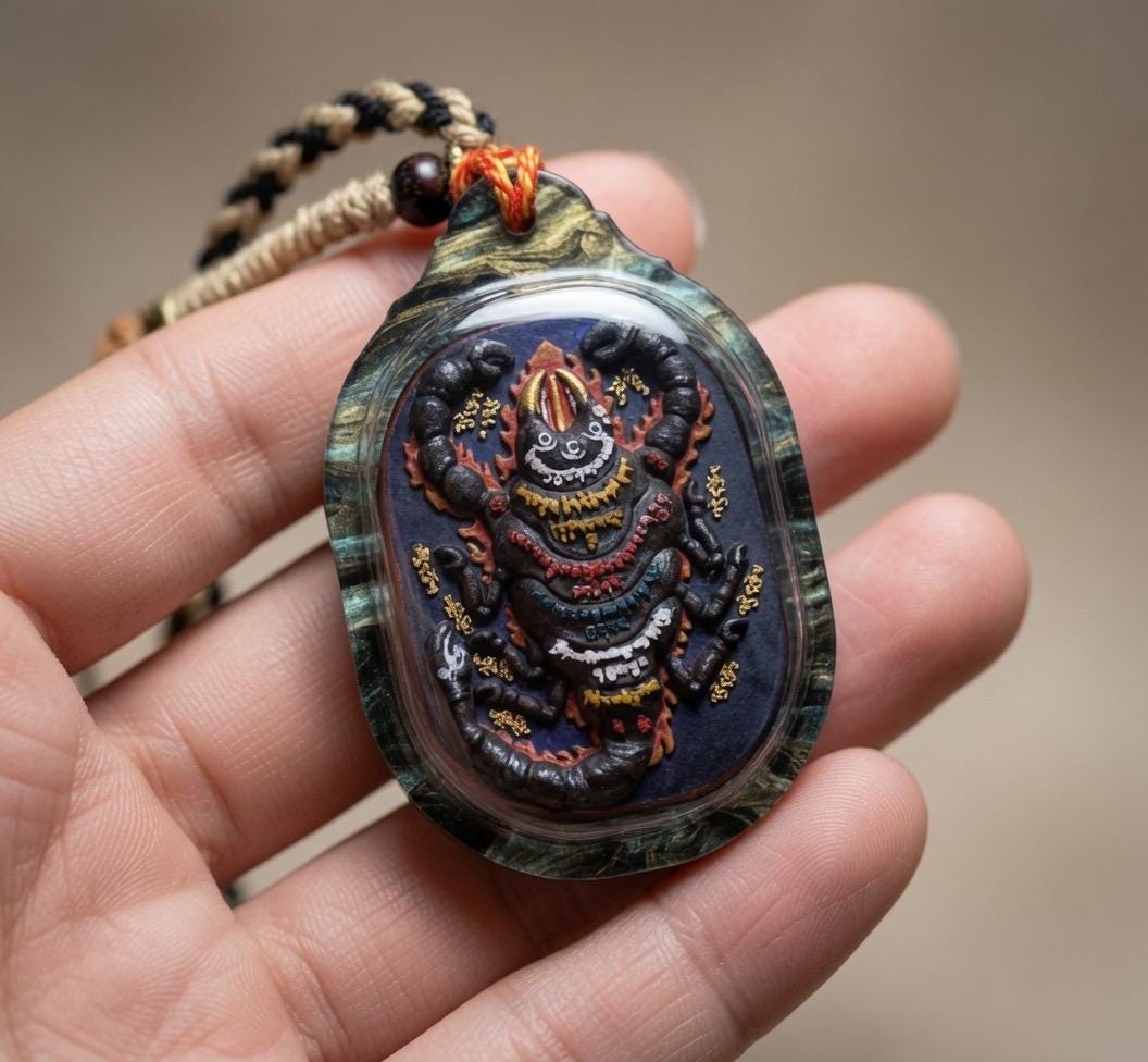 Handpainted Guru Rinpoche Scorpion Tsa Tsa Pendant, Mineral Pigment Miniature Thangka, Tibetan Sacred Clay Amulet, Buddhist Protection