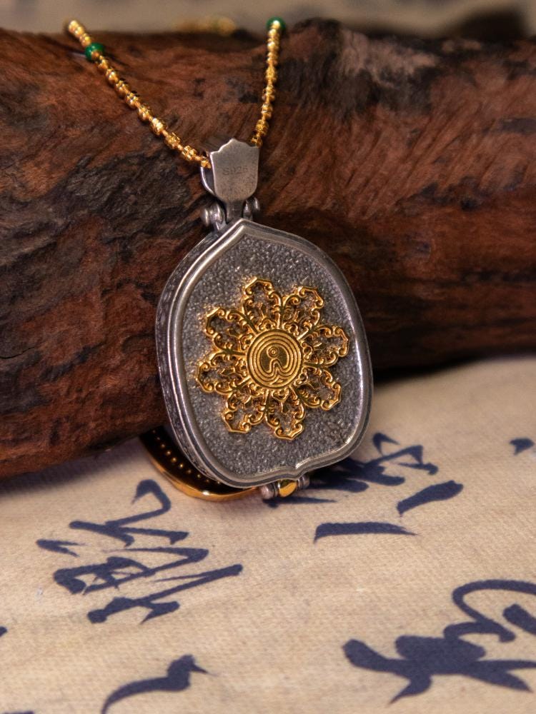 Gold Plated 925 Sterling Silver Lotus Leaf Gau Box Pendant, Vintage Handcrafted Prayer Box Necklace with White CZ Diamond, Mindful Keepsake