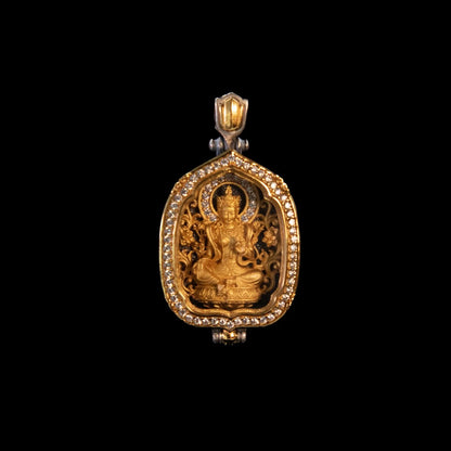 Gold Plated 925 Sterling Silver Lotus Leaf Gau Box Pendant, Vintage Handcrafted Prayer Box Necklace with White CZ Diamond, Mindful Keepsake