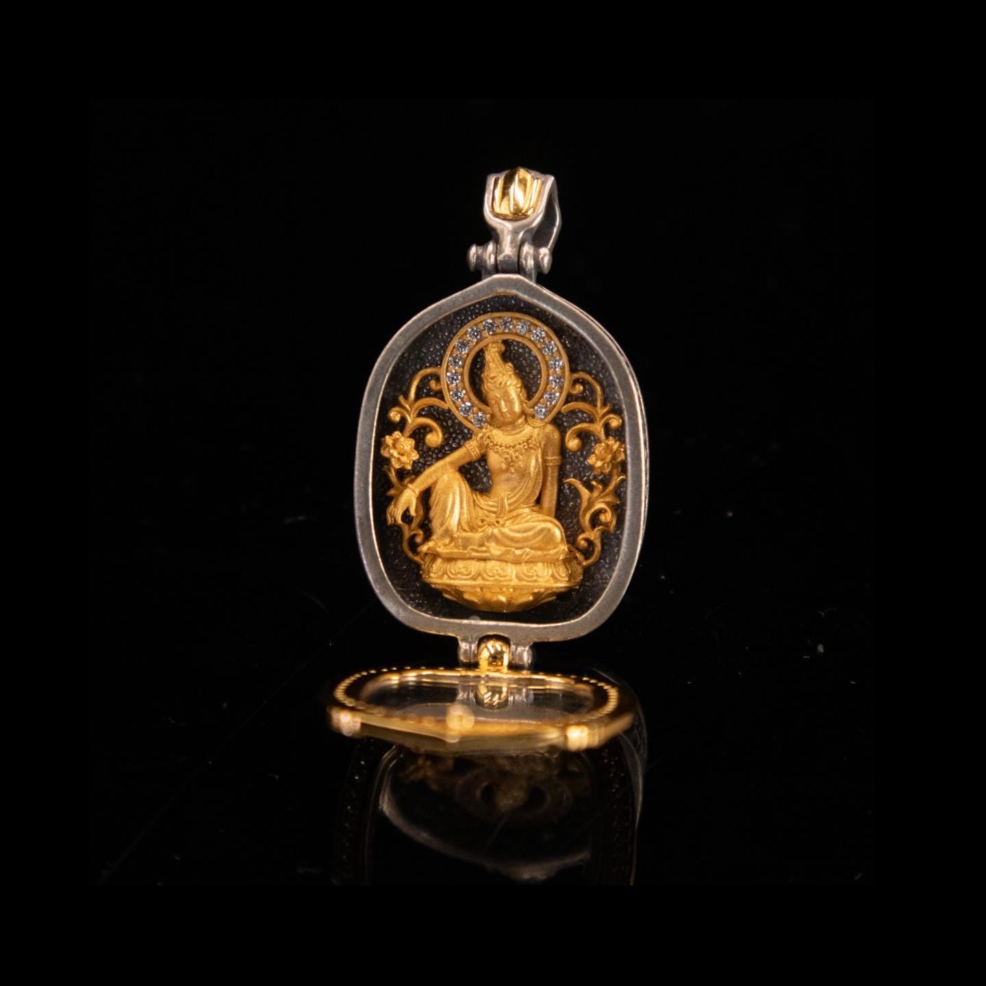 Gold Plated 925 Sterling Silver Lotus Leaf Gau Box Pendant, Vintage Handcrafted Prayer Box Necklace with White CZ Diamond, Mindful Keepsake