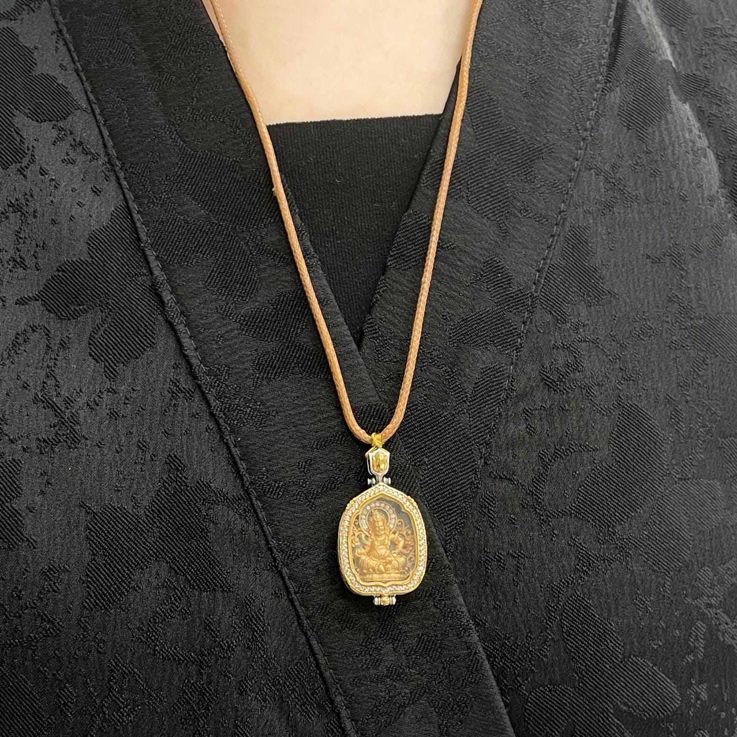 Gold Plated 925 Sterling Silver Lotus Leaf Gau Box Pendant, Vintage Handcrafted Prayer Box Necklace with White CZ Diamond, Mindful Keepsake