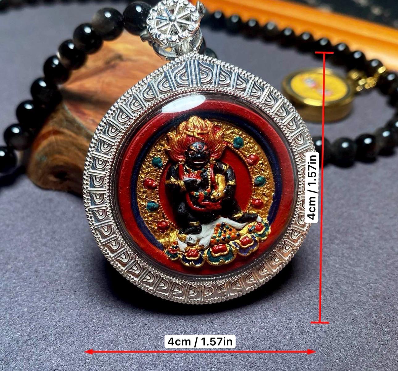 Handpainted Double Sided Jambhala Tsa Tsa Pendant, Mineral Pigment Miniature Thangka, 925 Silver Gau Box Amulet, Yellow Black Wealth Deity