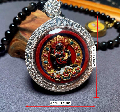 Handpainted Double Sided Jambhala Tsa Tsa Pendant, Mineral Pigment Miniature Thangka, 925 Silver Gau Box Amulet, Yellow Black Wealth Deity