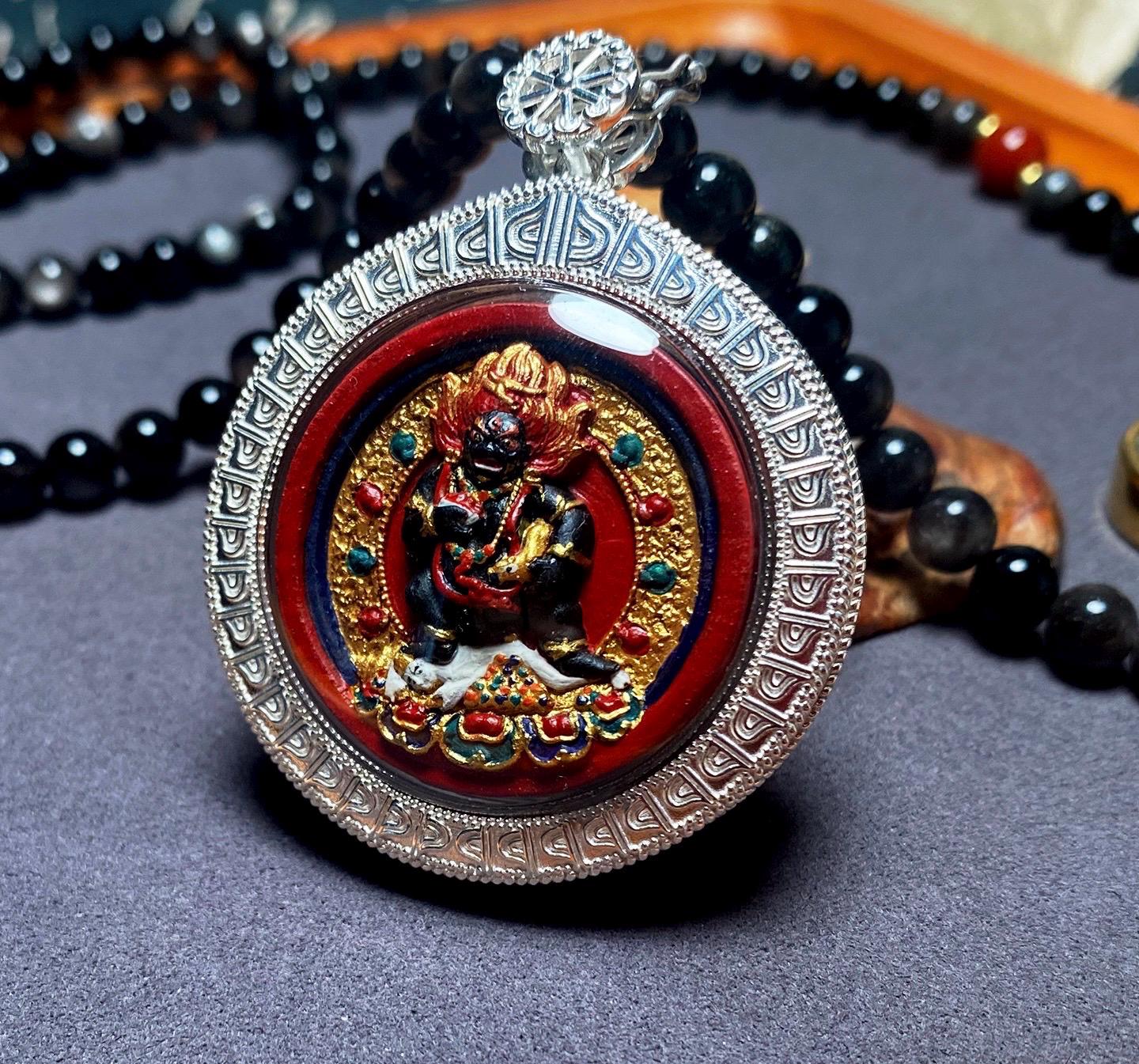 Handpainted Double Sided Jambhala Tsa Tsa Pendant, Mineral Pigment Miniature Thangka, 925 Silver Gau Box Amulet, Yellow Black Wealth Deity