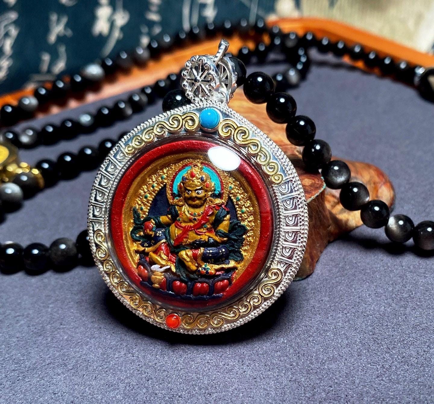 Handpainted Double Sided Jambhala Tsa Tsa Pendant, Mineral Pigment Miniature Thangka, 925 Silver Gau Box Amulet, Yellow Black Wealth Deity