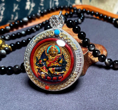 Handpainted Double Sided Jambhala Tsa Tsa Pendant, Mineral Pigment Miniature Thangka, 925 Silver Gau Box Amulet, Yellow Black Wealth Deity