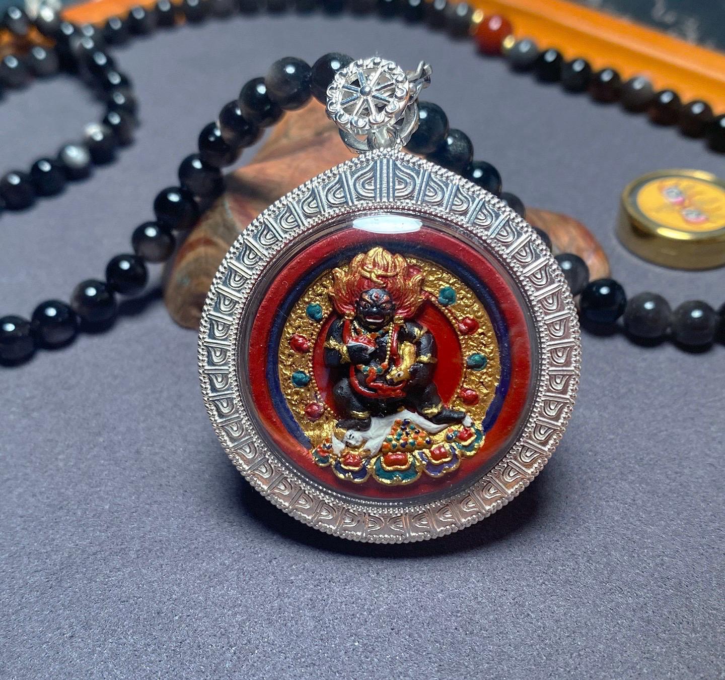 Handpainted Double Sided Jambhala Tsa Tsa Pendant, Mineral Pigment Miniature Thangka, 925 Silver Gau Box Amulet, Yellow Black Wealth Deity