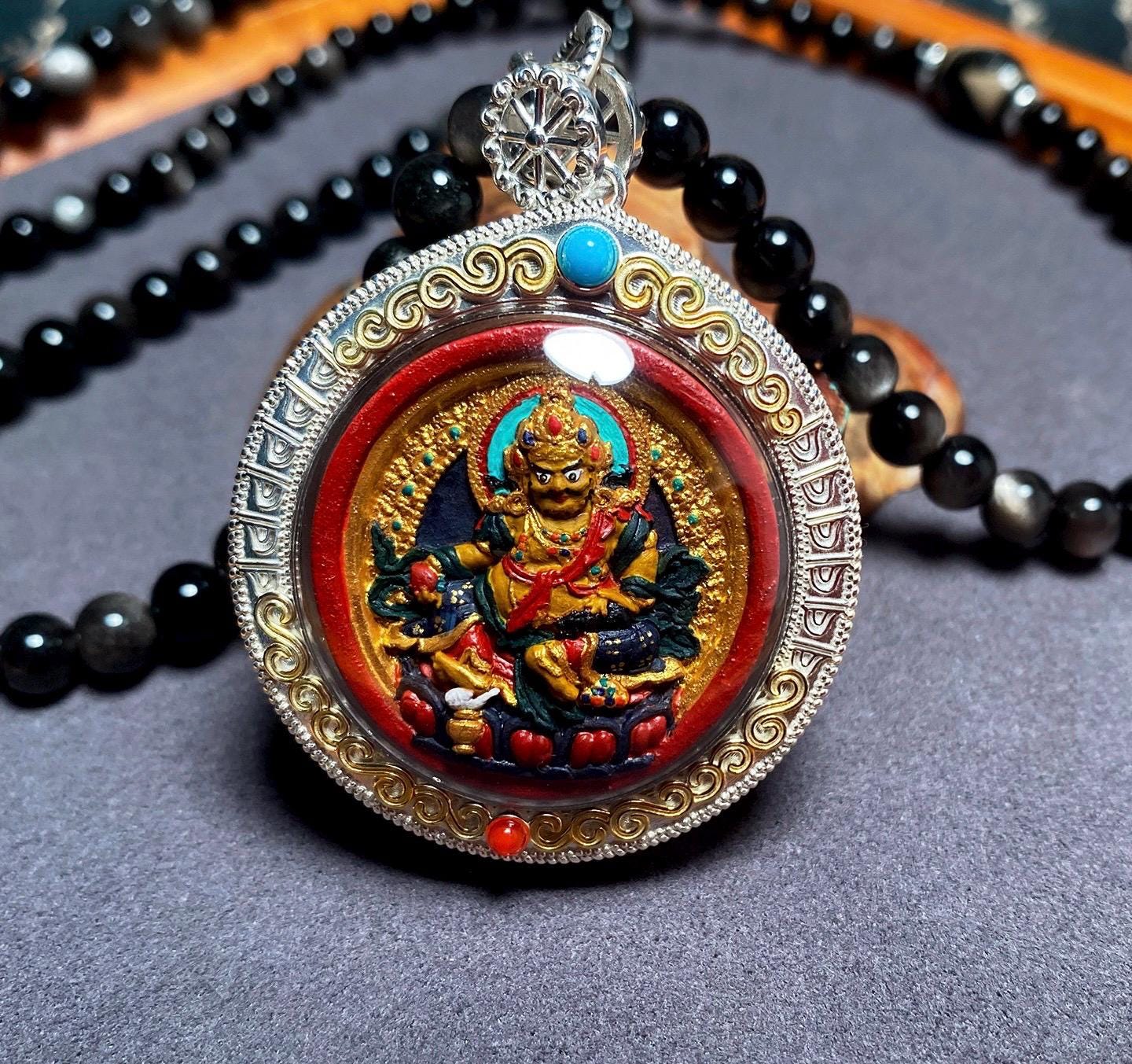 Handpainted Double Sided Jambhala Tsa Tsa Pendant, Mineral Pigment Miniature Thangka, 925 Silver Gau Box Amulet, Yellow Black Wealth Deity
