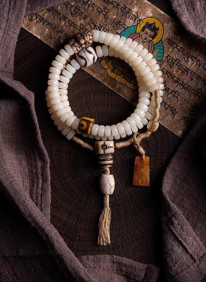 EverestArtStudios – 108 Bead Tibetan Prayer Bracelet – White Jade Bodhi Seed Mala