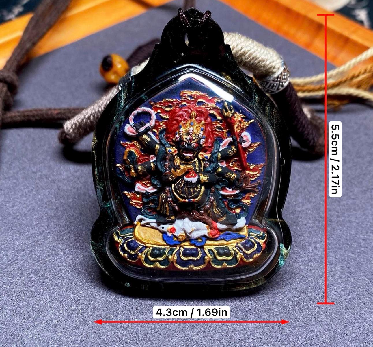 Handpainted Six Armed Mahakala Tsa Tsa Pendant, Mineral Pigment Miniature Thangka, Tibetan Sacred Clay Amulet, Buddhist Protection Necklace