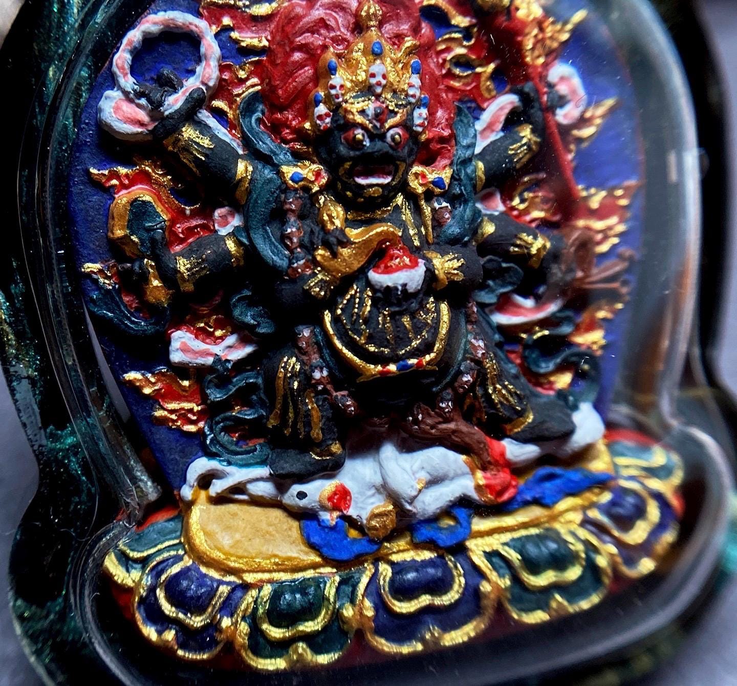 Handpainted Six Armed Mahakala Tsa Tsa Pendant, Mineral Pigment Miniature Thangka, Tibetan Sacred Clay Amulet, Buddhist Protection Necklace