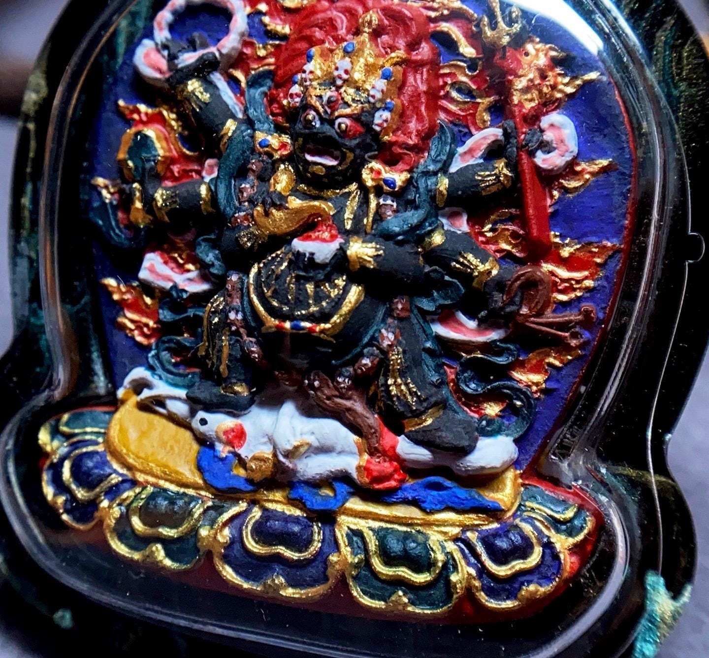 Handpainted Six Armed Mahakala Tsa Tsa Pendant, Mineral Pigment Miniature Thangka, Tibetan Sacred Clay Amulet, Buddhist Protection Necklace