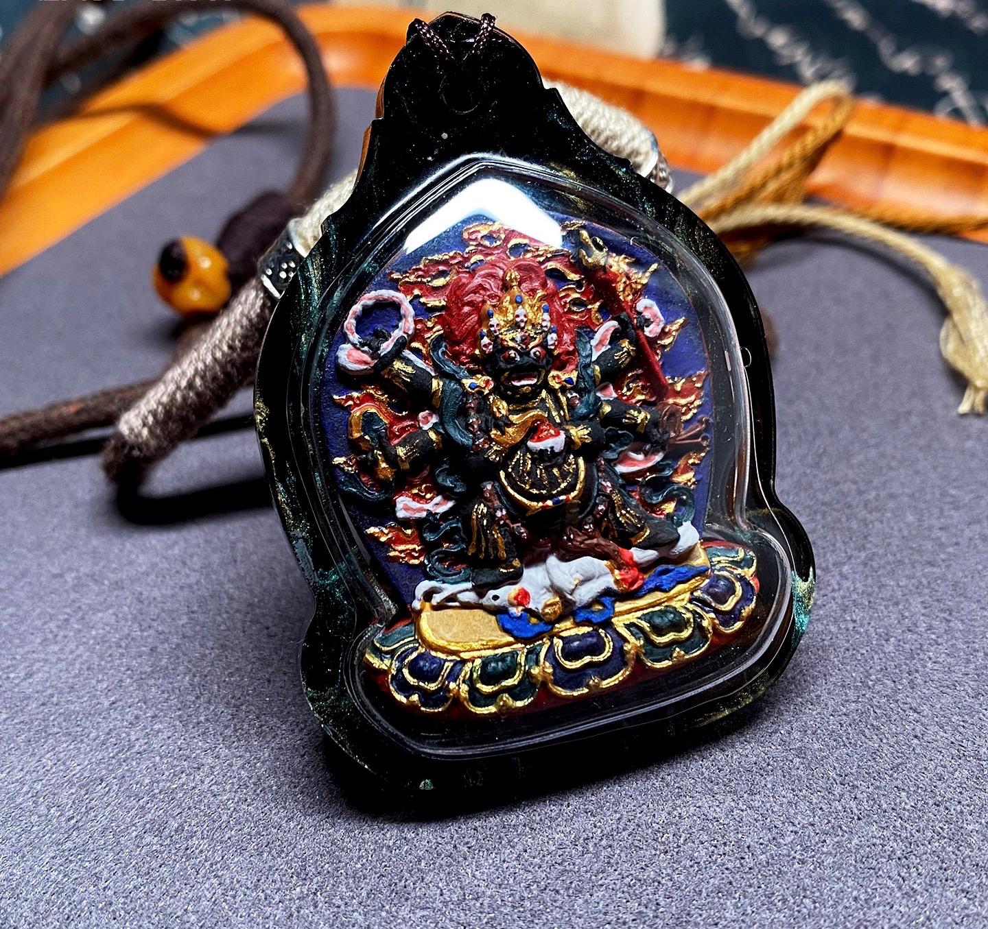 Handpainted Six Armed Mahakala Tsa Tsa Pendant, Mineral Pigment Miniature Thangka, Tibetan Sacred Clay Amulet, Buddhist Protection Necklace