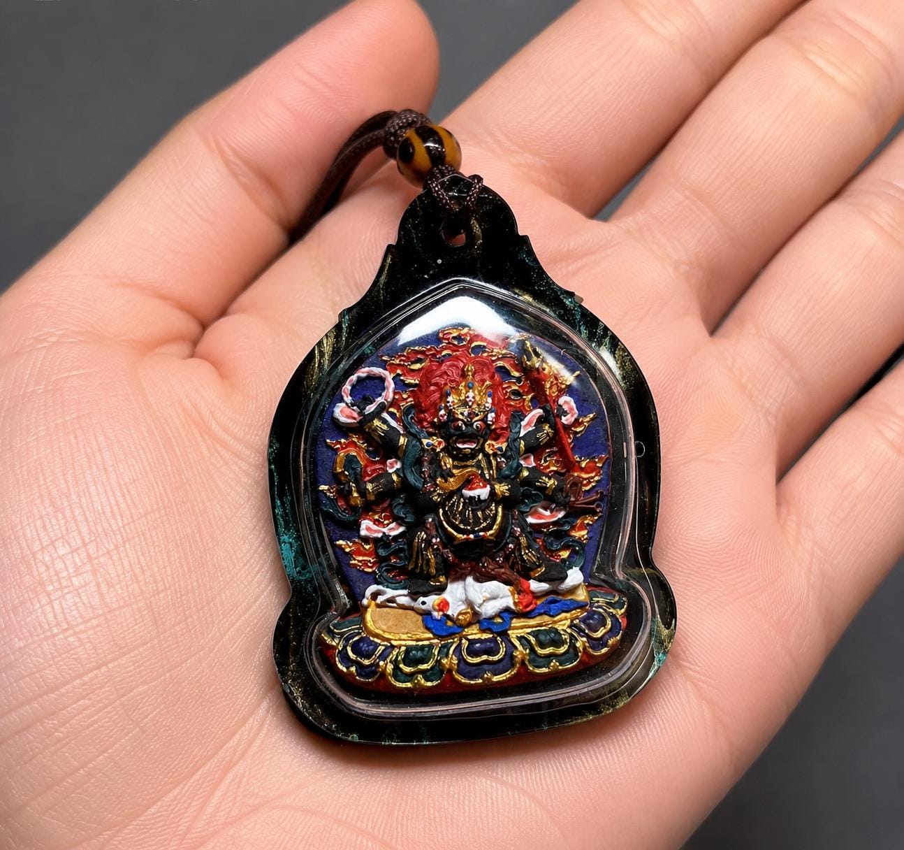 Handpainted Six Armed Mahakala Tsa Tsa Pendant, Mineral Pigment Miniature Thangka, Tibetan Sacred Clay Amulet, Buddhist Protection Necklace