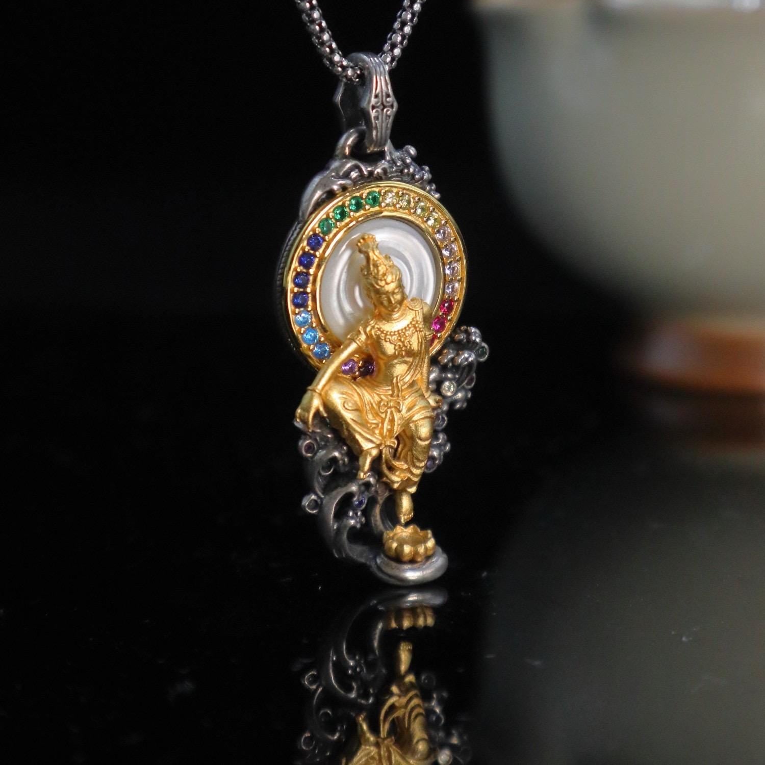 Water Moon Guanyin Pendant S925 Sterling Silver 24K Gold Plated Vintage Buddhist Necklace Handcrafted Gemstone Bodhisattva Jewelry
