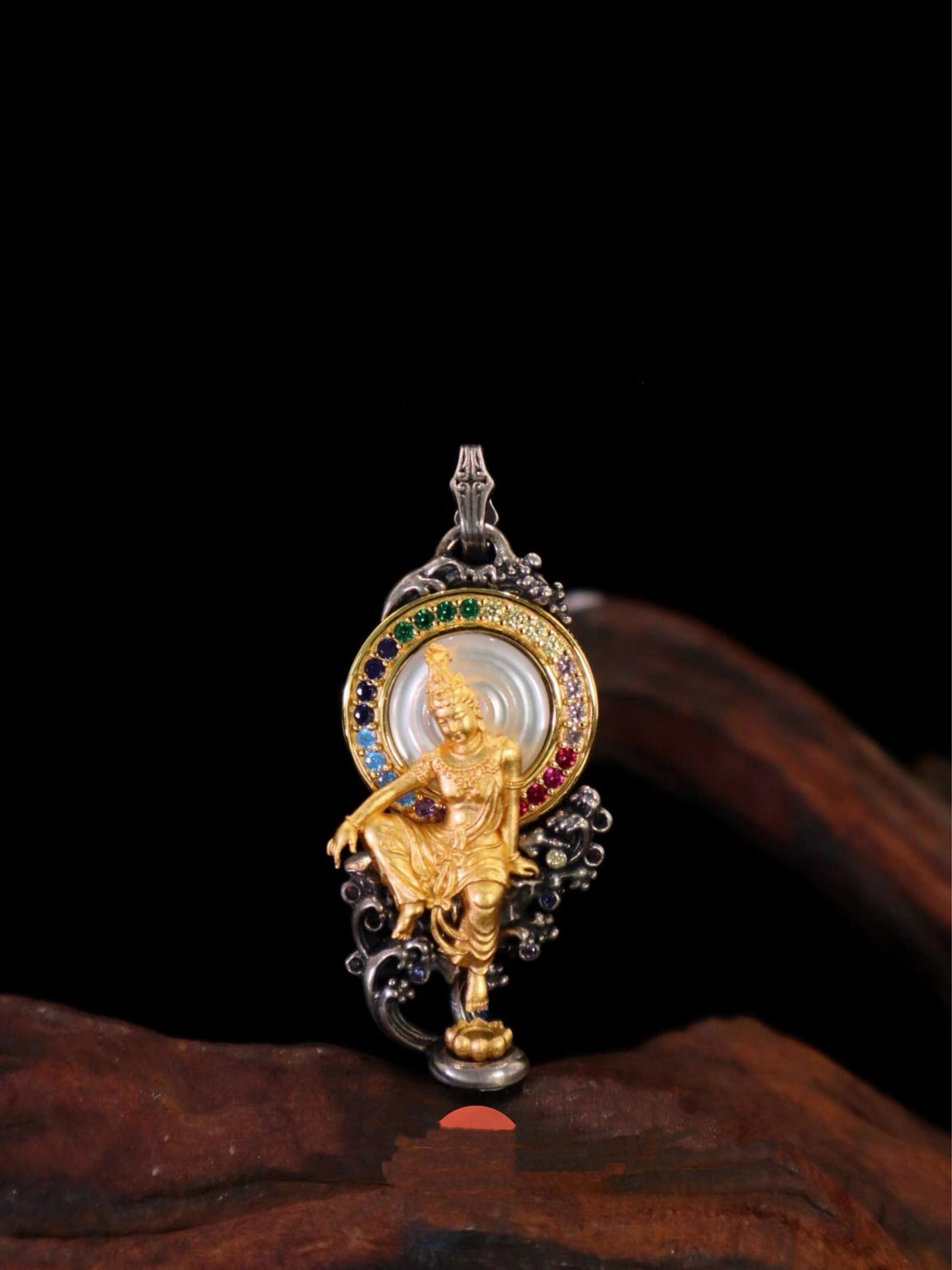 Water Moon Guanyin Pendant S925 Sterling Silver 24K Gold Plated Vintage Buddhist Necklace Handcrafted Gemstone Bodhisattva Jewelry