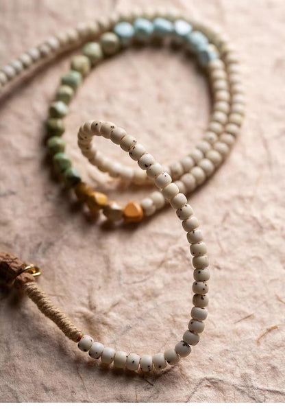 Natural 108 Bead Buddhist Prayer Mala | Multi-Wrap Meditation Bracelet | Turquoise & Brass Accents | Tibetan Inspired Spiritual Jewelry